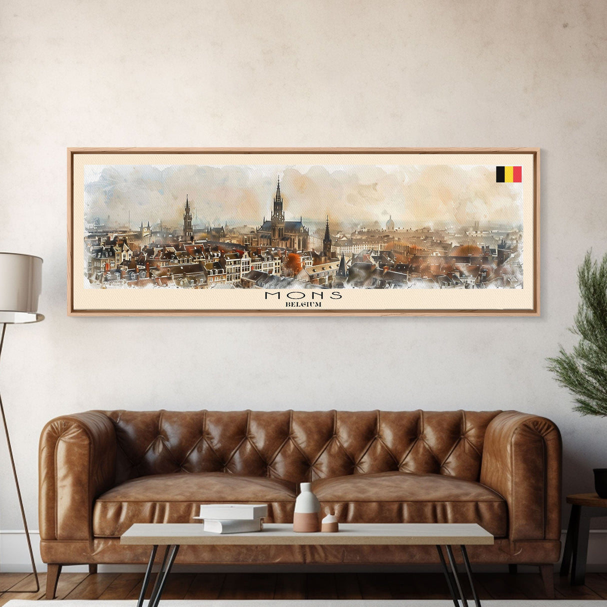 Mons Belgium Panoramic Travel Poster, Framed Canvas Print or Metal Wall Art, Travel Art, Home Decor, Panoramic Painting, Midcentury Art