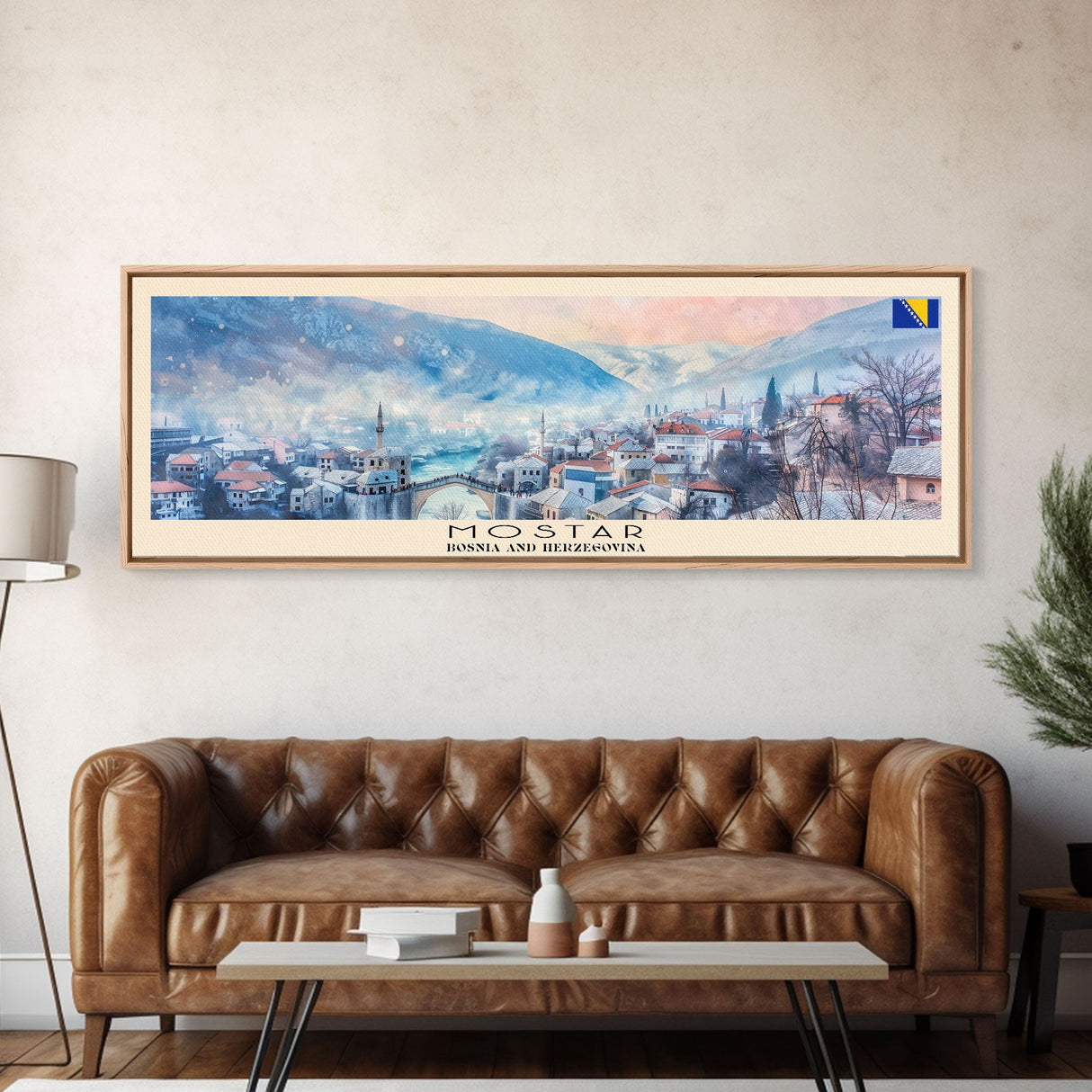 Mostar Bosnia Travel Art, City Art, Framed Canvas Print or Metal Wall Art, Europe Travel Poster, Panoramic Wall Art, Extra Wide Wall Art