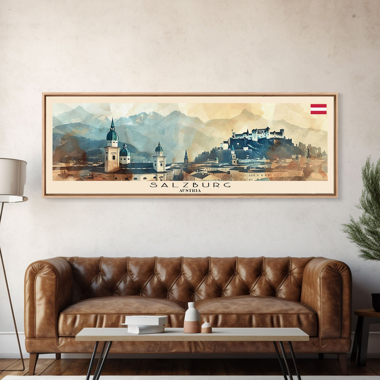 Salzburg Austria Panoramic Travel Poster, Framed Canvas Print or Metal Wall Art, Travel Art, Home Decor, Panoramic Painting, Midcentury Art