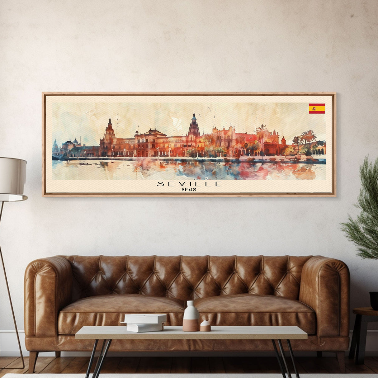 Seville Spain Panoramic Travel Poster, Framed Canvas Print or Metal Wall Art, Travel Art, Home Decor, Panoramic Painting, Midcentury Art