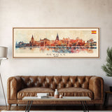 Seville Spain Panoramic Travel Poster, Framed Canvas Print or Metal Wall Art, Travel Art, Home Decor, Panoramic Painting, Midcentury Art