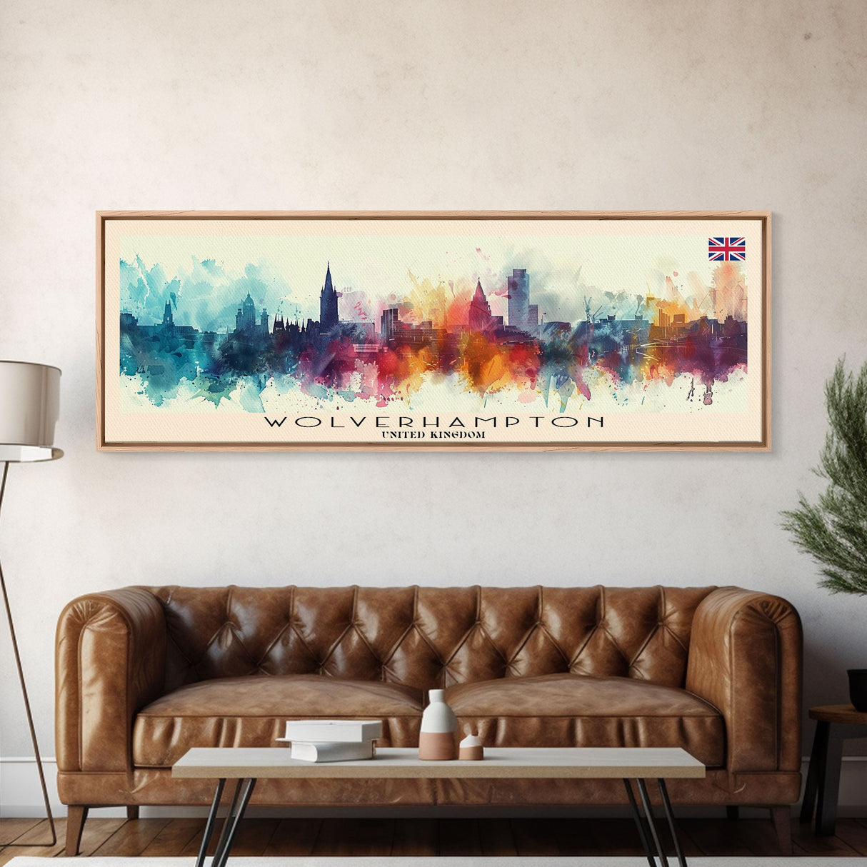 Wolverhampton United Kingdom Panoramic Travel Poster, Framed Canvas Print or Metal Wall Art, Travel Art, Home Decor, Panoramic Painting, Midcentury Art