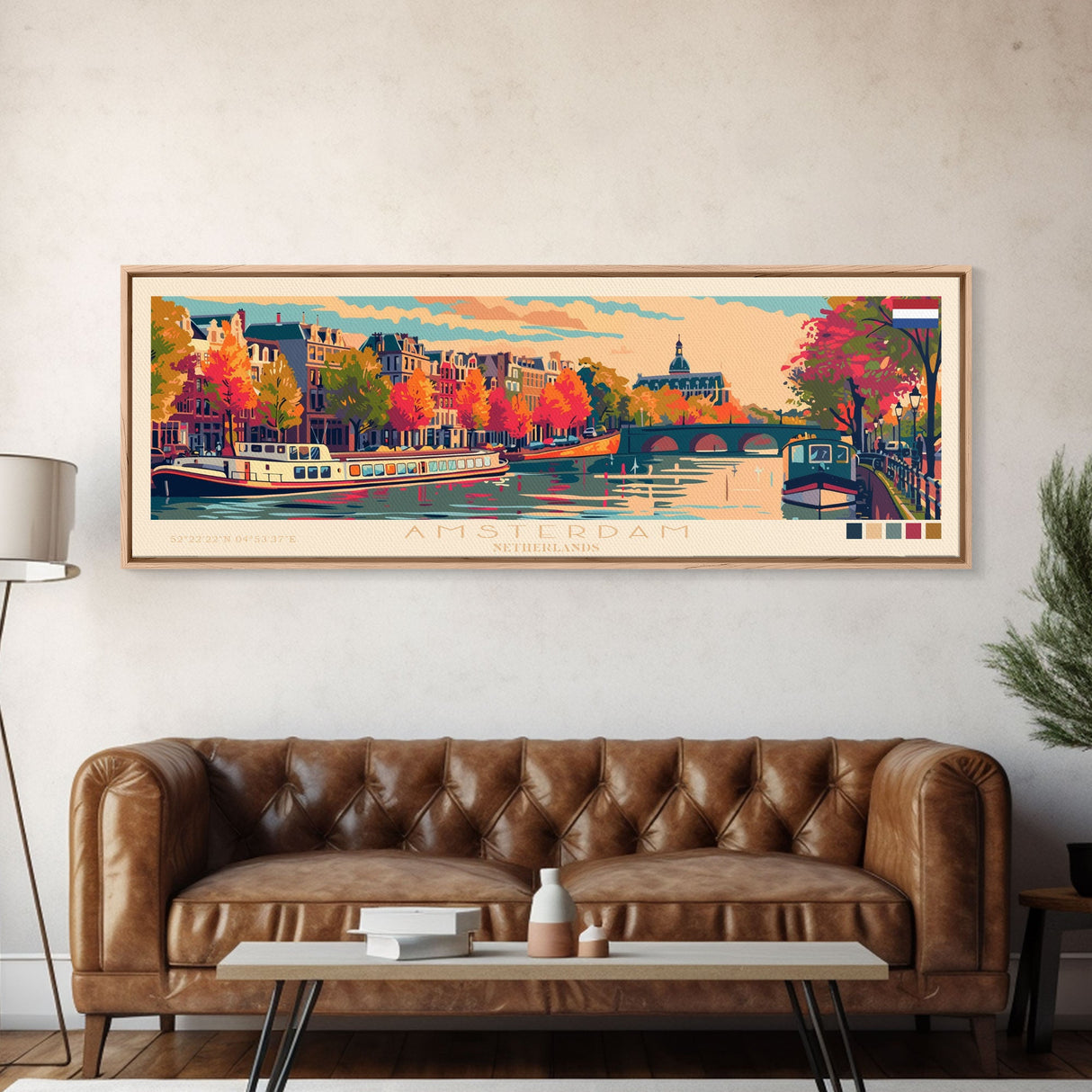 Amsterdam Netherlands Travel Art, City Art, Framed Canvas Print or Metal Wall Art, Europe Travel Poster, Panoramic Wall Art, Extra Wide Wall Art