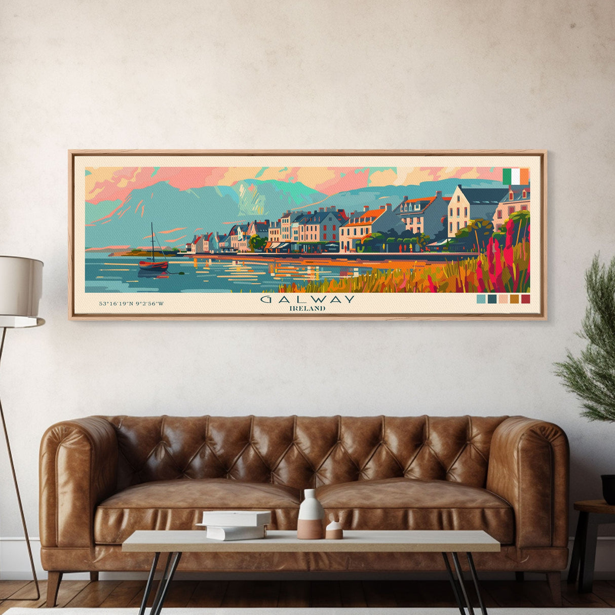 Galway Ireland Panoramic Travel Poster, Framed Canvas Print or Metal Wall Art, Travel Art, Home Decor, Panoramic Painting, Midcentury Art