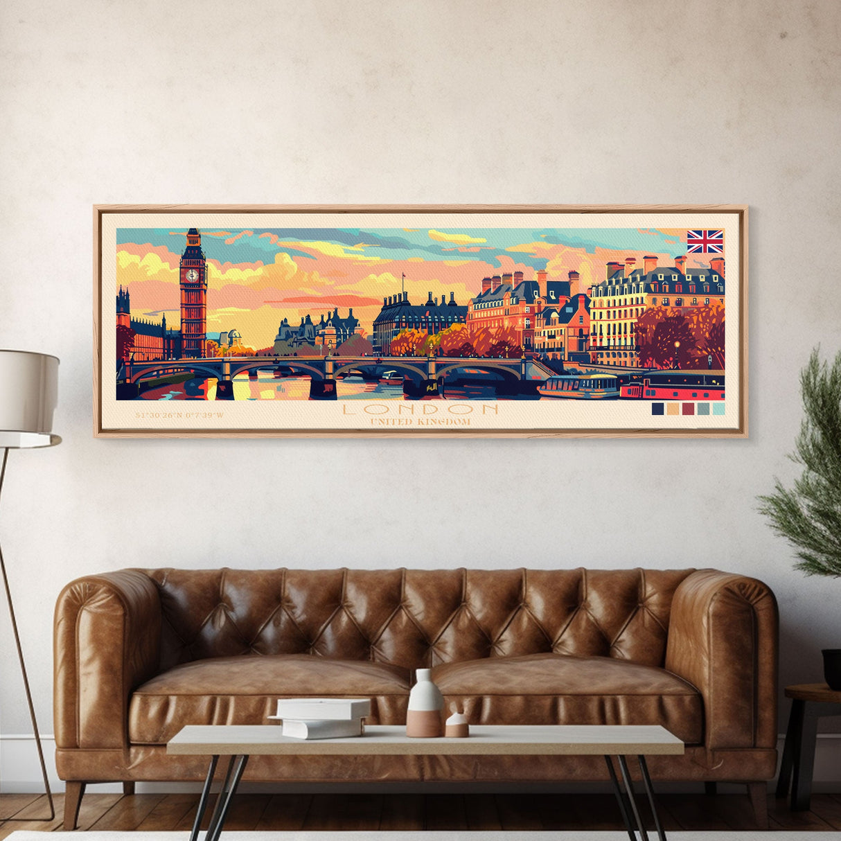 London United Kingdom Panoramic Travel Poster, Framed Canvas Print or Metal Wall Art, Travel Art, Home Decor, Panoramic Painting, Midcentury Art