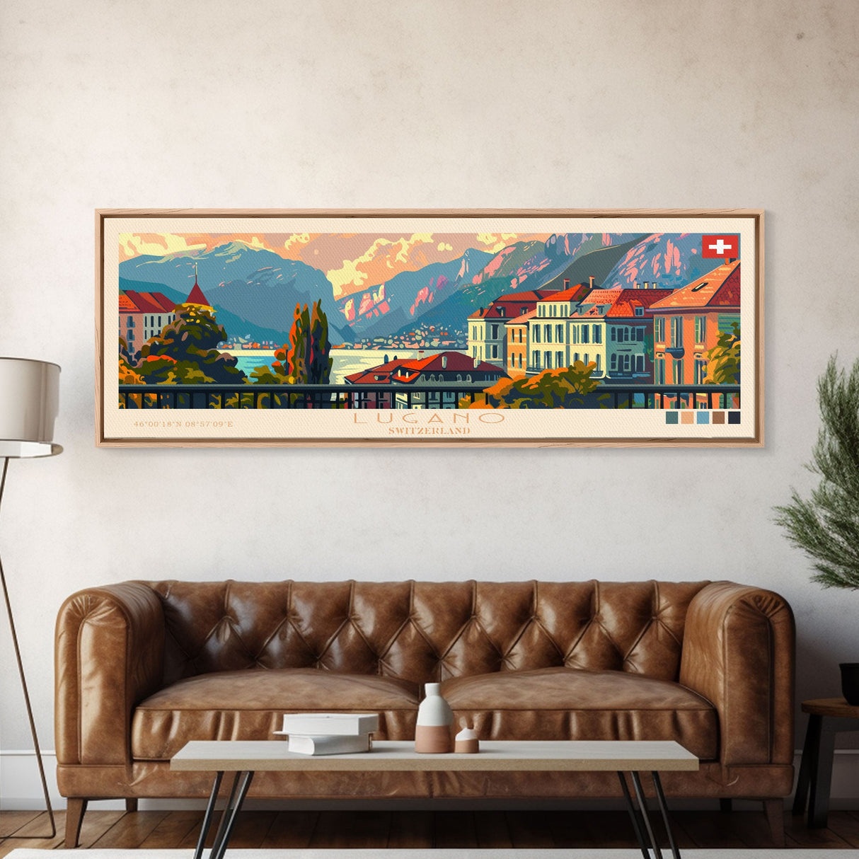 Lugano Switzerland Panoramic Travel Poster, Framed Canvas Print or Metal Wall Art, Travel Art, Home Decor, Panoramic Painting, Midcentury Art