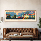 Lugano Switzerland Panoramic Travel Poster, Framed Canvas Print or Metal Wall Art, Travel Art, Home Decor, Panoramic Painting, Midcentury Art