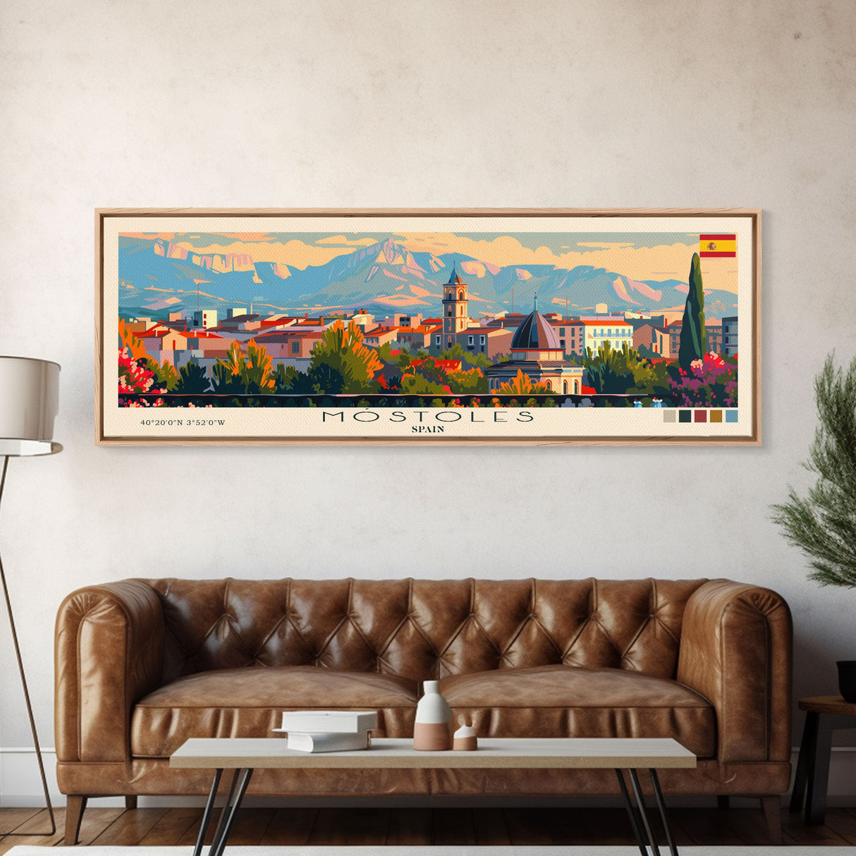 Mostoles Spain Panoramic Travel Poster, Framed Canvas Print or Metal Wall Art, Travel Art, Home Decor, Panoramic Painting, Midcentury Art