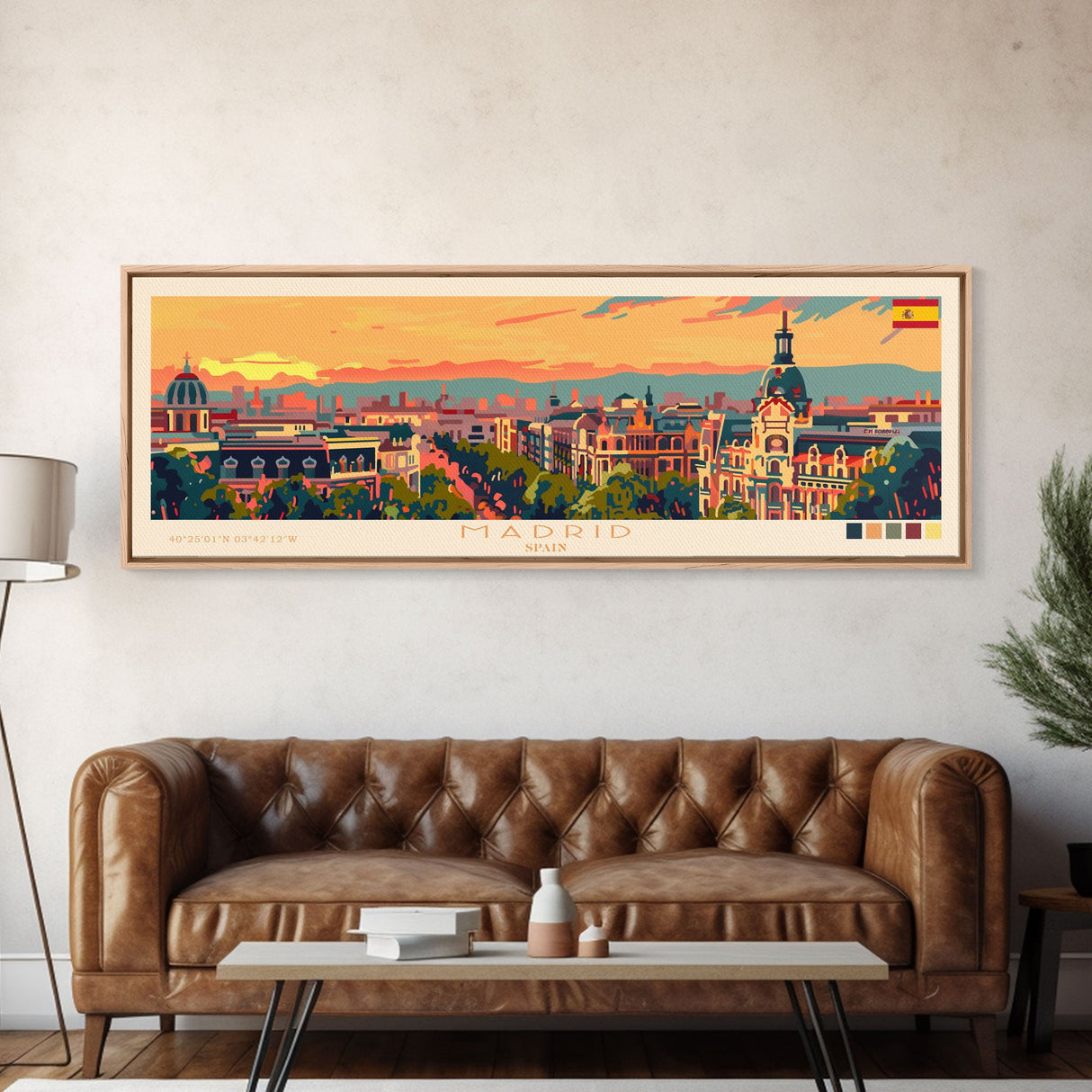 Madrid Spain Panoramic Travel Poster, Framed Canvas Print or Metal Wall Art, Travel Art, Home Decor, Panoramic Painting, Midcentury Art