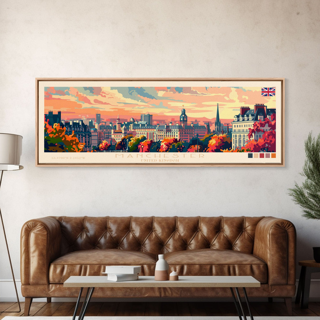 Manchester United Kingdom Panoramic Travel Poster, Framed Canvas Print or Metal Wall Art, Travel Art, Home Decor, Panoramic Painting, Midcentury Art