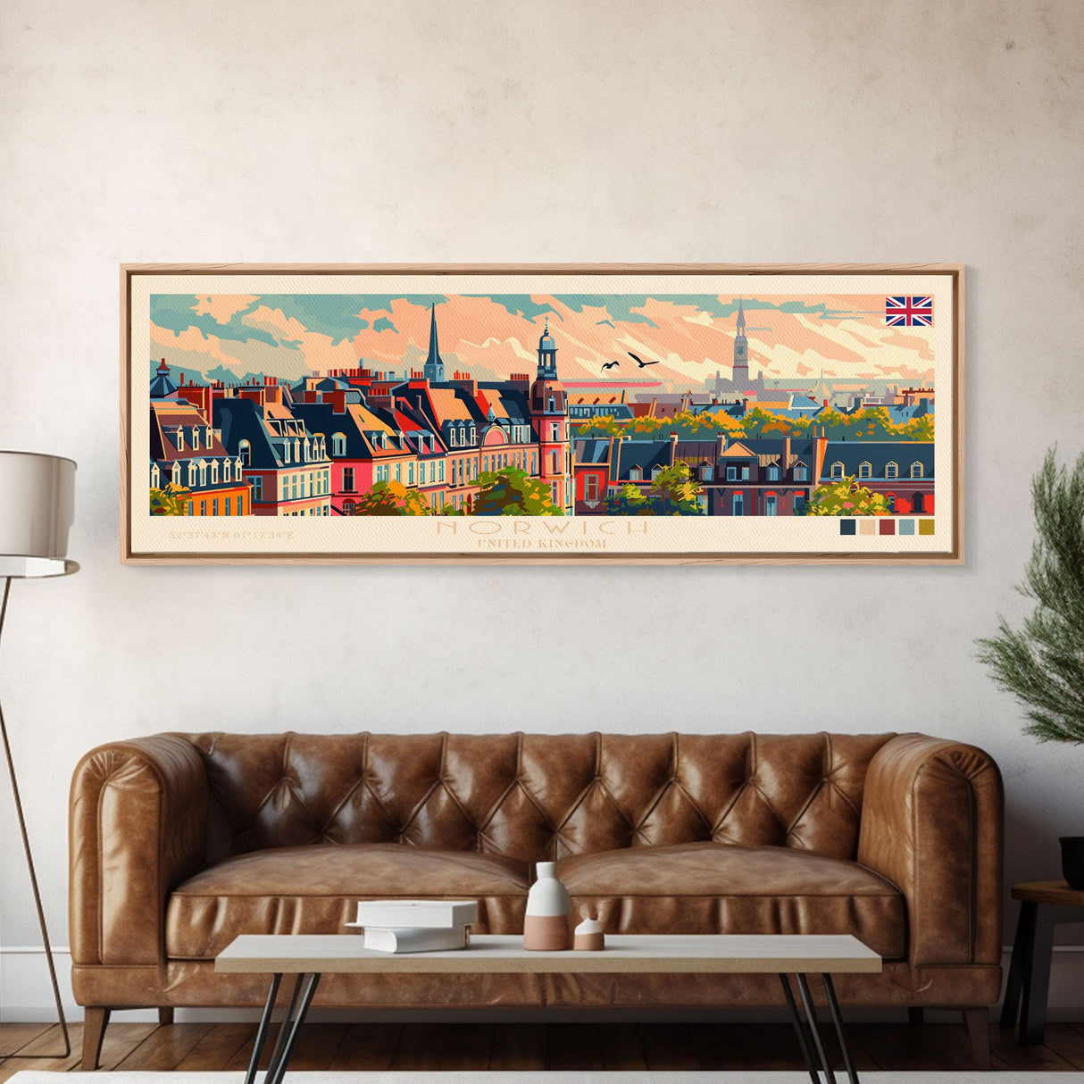 Norwich United Kingdom Panoramic Travel Poster, Framed Canvas Print or Metal Wall Art, Travel Art, Home Decor, Panoramic Painting, Midcentury Art