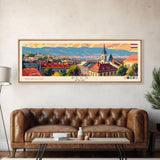 Pécs Hungary Panoramic Travel Poster, Framed Canvas Print or Metal Wall Art, Travel Art, Home Decor, Panoramic Painting, Midcentury Art