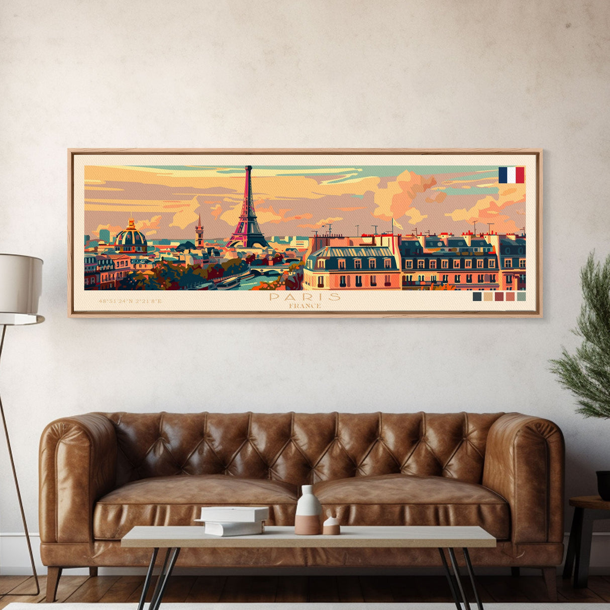 Paris France Panoramic Travel Poster, Framed Canvas Print or Metal Wall Art, Travel Art, Home Decor, Panoramic Painting, Midcentury Art