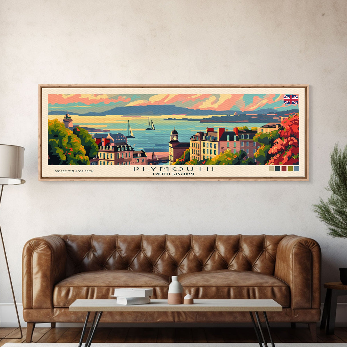 Plymouth United Kingdom Panoramic Travel Poster, Framed Canvas Print or Metal Wall Art, Travel Art, Home Decor, Panoramic Painting, Midcentury Art