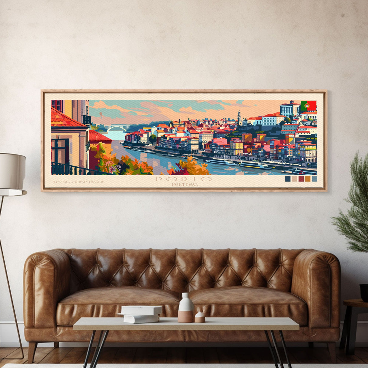 Porto Portugal Panoramic Travel Poster, Framed Canvas Print or Metal Wall Art, Travel Art, Home Decor, Panoramic Painting, Midcentury Art