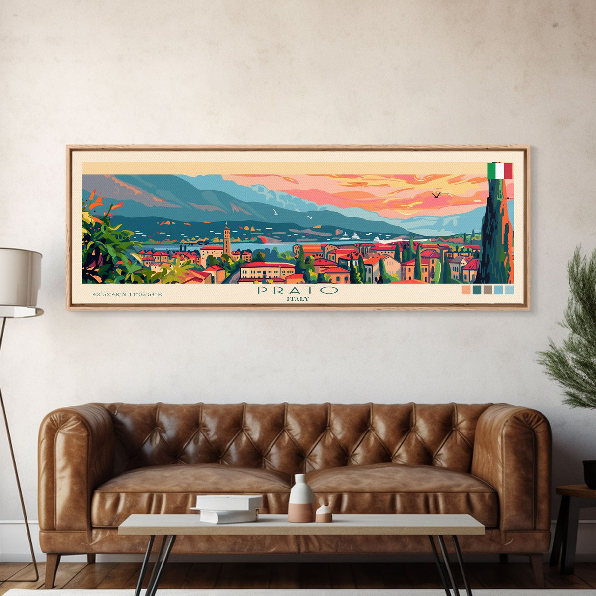 Prato Italy Panoramic Travel Poster, Framed Canvas Print or Metal Wall Art, Travel Art, Home Decor, Panoramic Painting, Midcentury Art