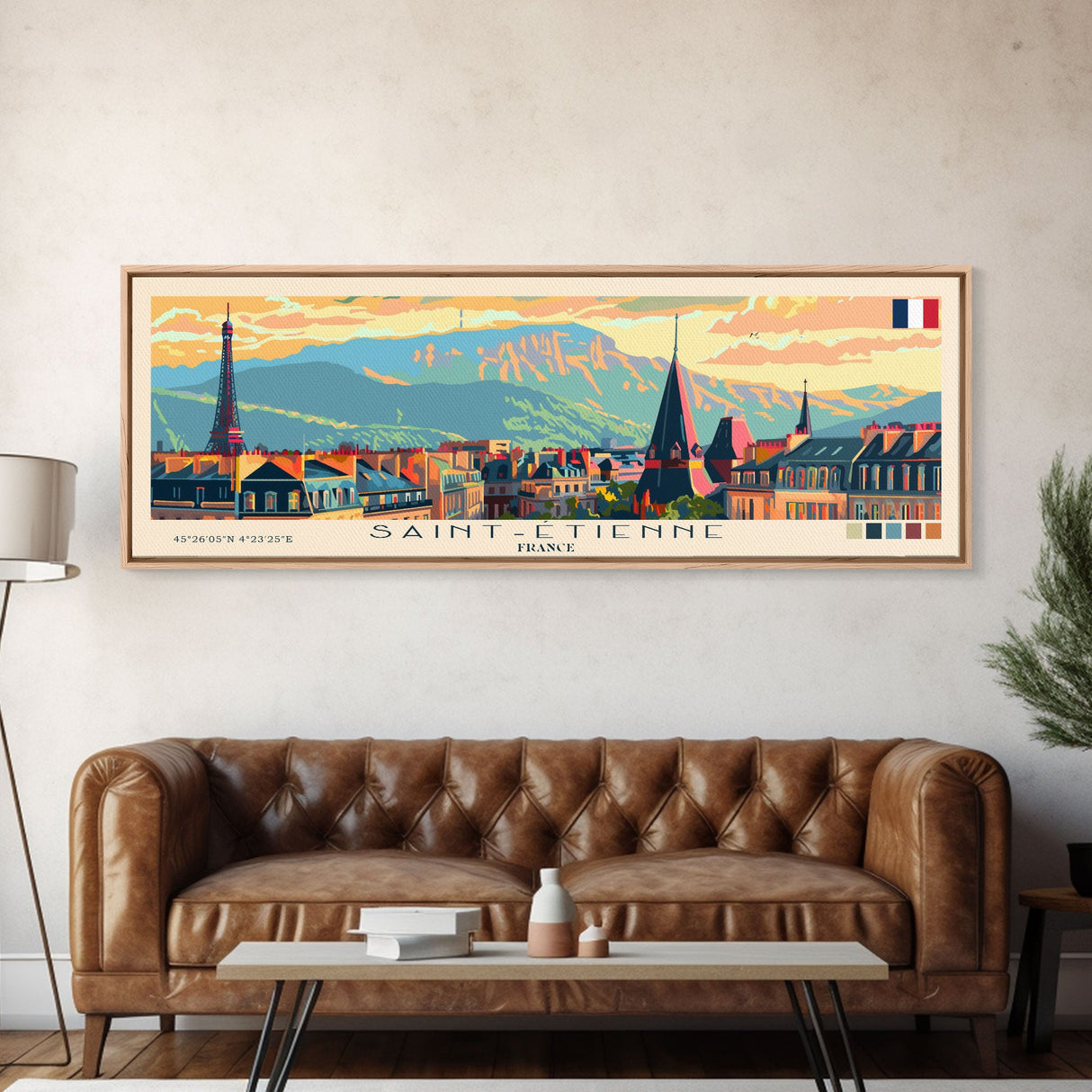 Saint Etienne France Panoramic Travel Poster, Framed Canvas Print or Metal Wall Art, Travel Art, Home Decor, Panoramic Painting, Midcentury Art