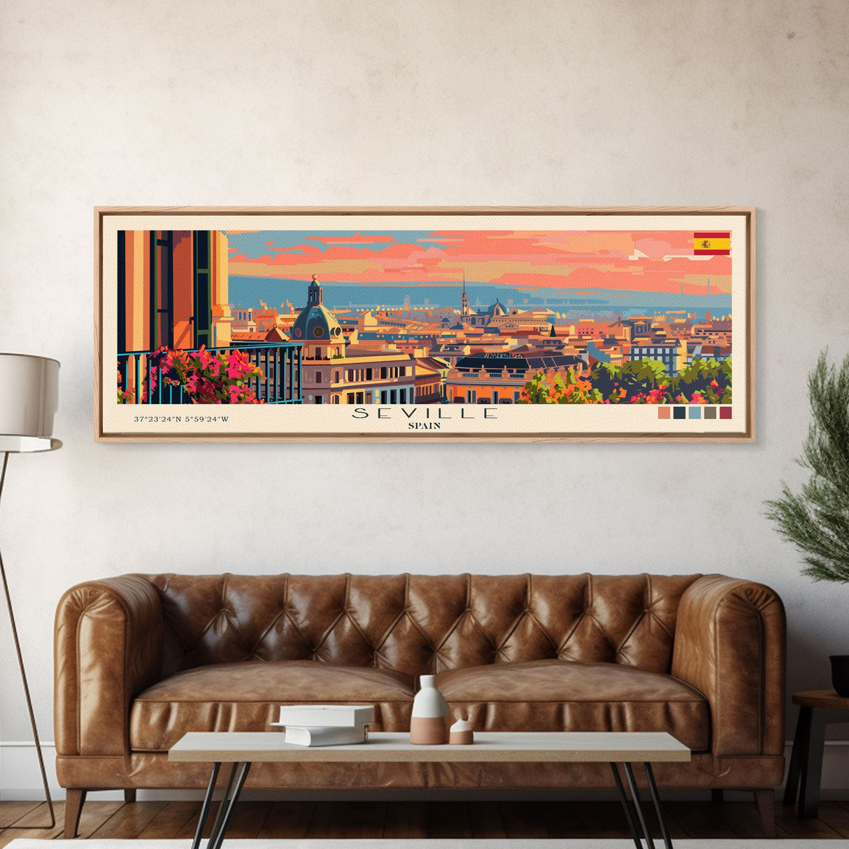 Seville Spain Panoramic Travel Poster, Framed Canvas Print or Metal Wall Art, Travel Art, Home Decor, Panoramic Painting, Midcentury Art