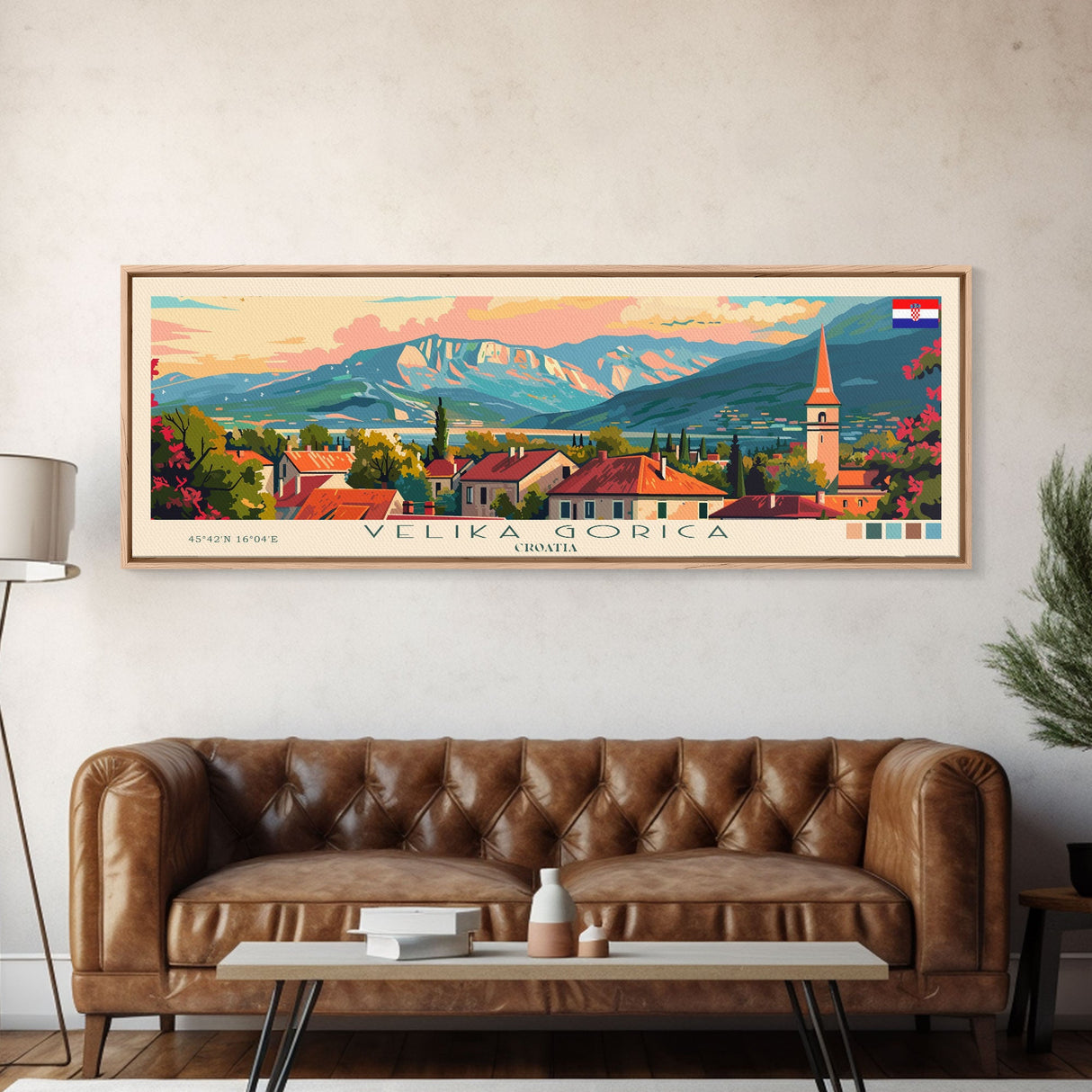 Velika Gorica Croatia Panoramic Travel Poster, Framed Canvas Print or Metal Wall Art, Travel Art, Home Decor, Panoramic Painting, Midcentury Art