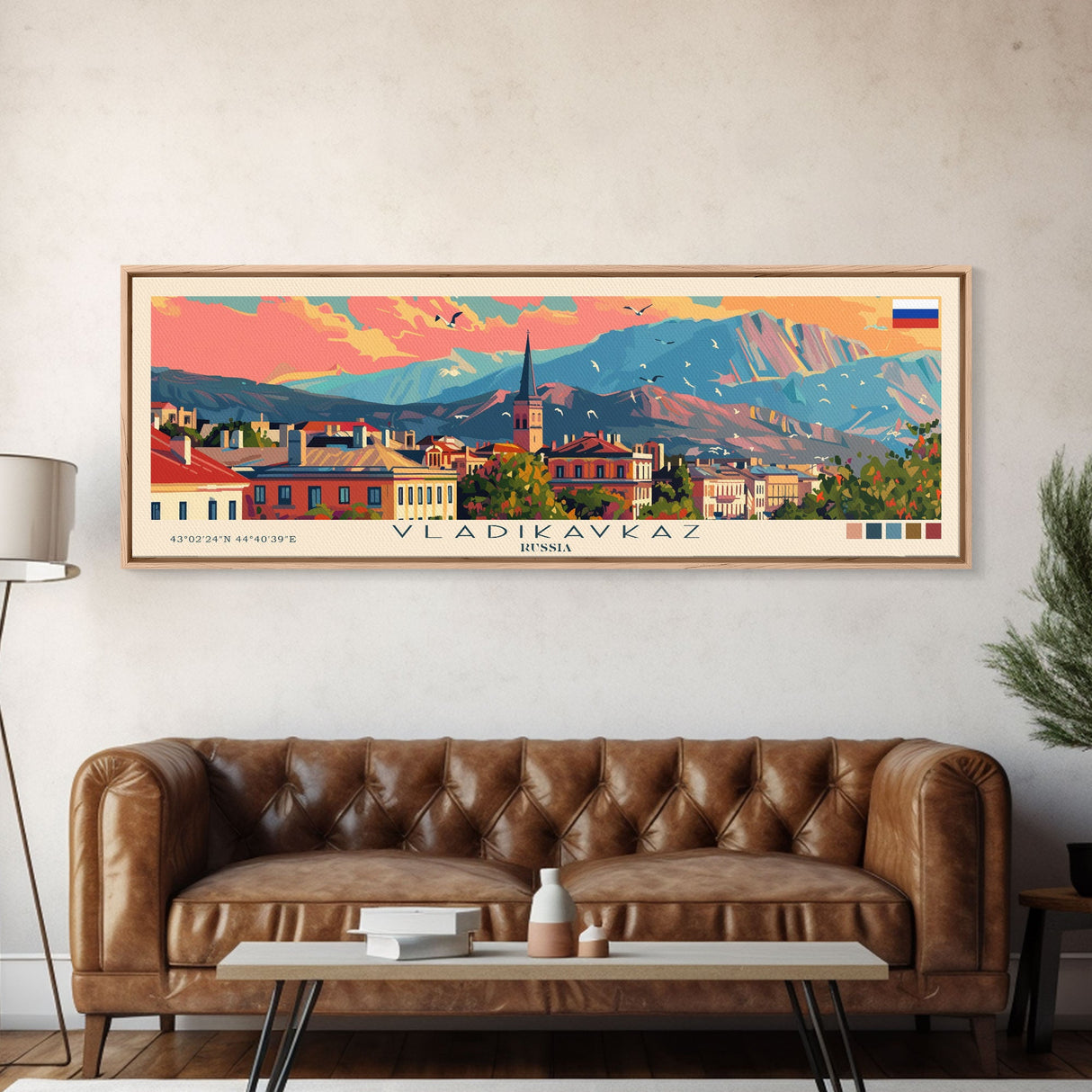 Vladikavkaz Russia Panoramic Travel Poster, Framed Canvas Print or Metal Wall Art, Travel Art, Home Decor, Panoramic Painting, Midcentury Art