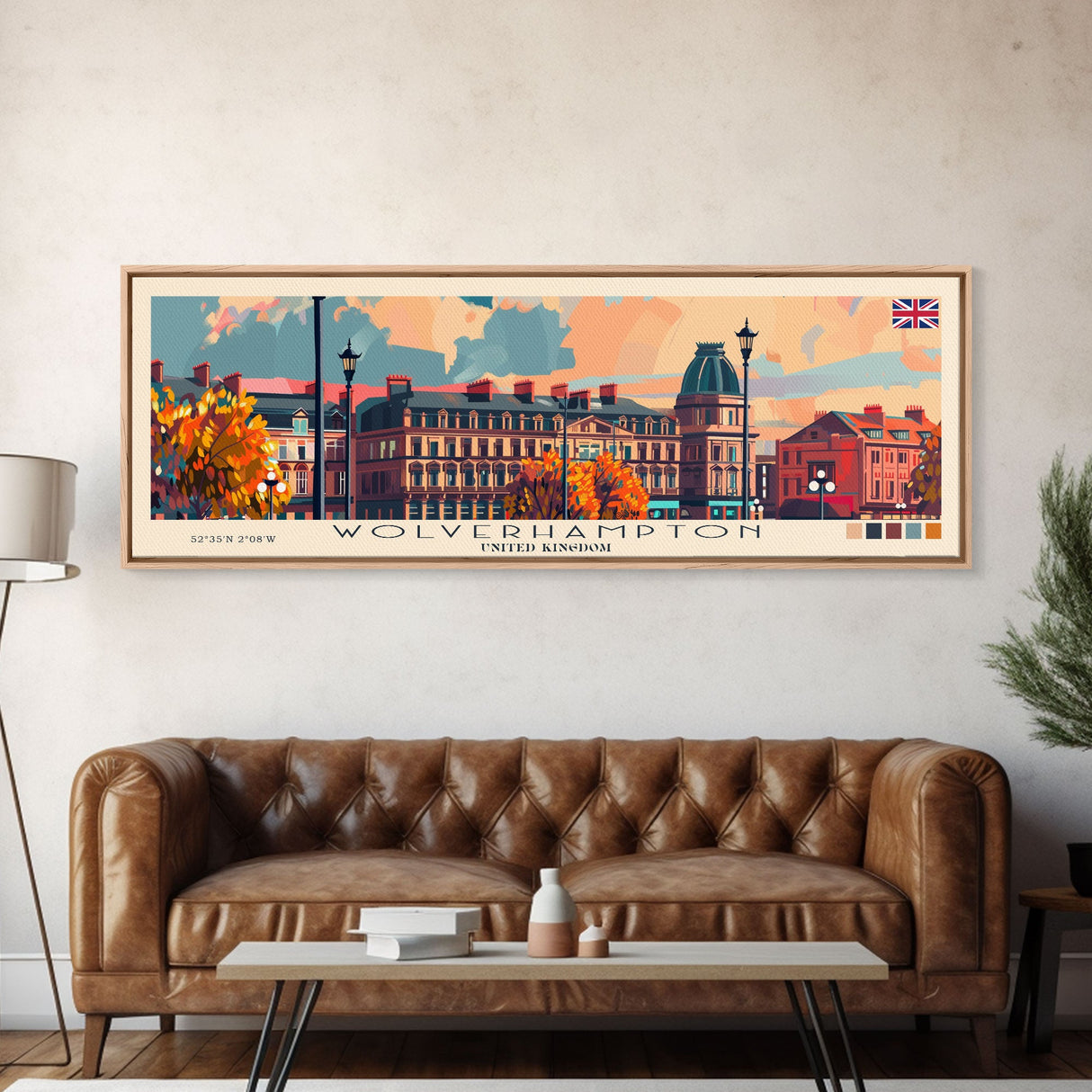 Wolverhampton United Kingdom Panoramic Travel Poster, Framed Canvas Print or Metal Wall Art, Travel Art, Home Decor, Panoramic Painting, Midcentury Art