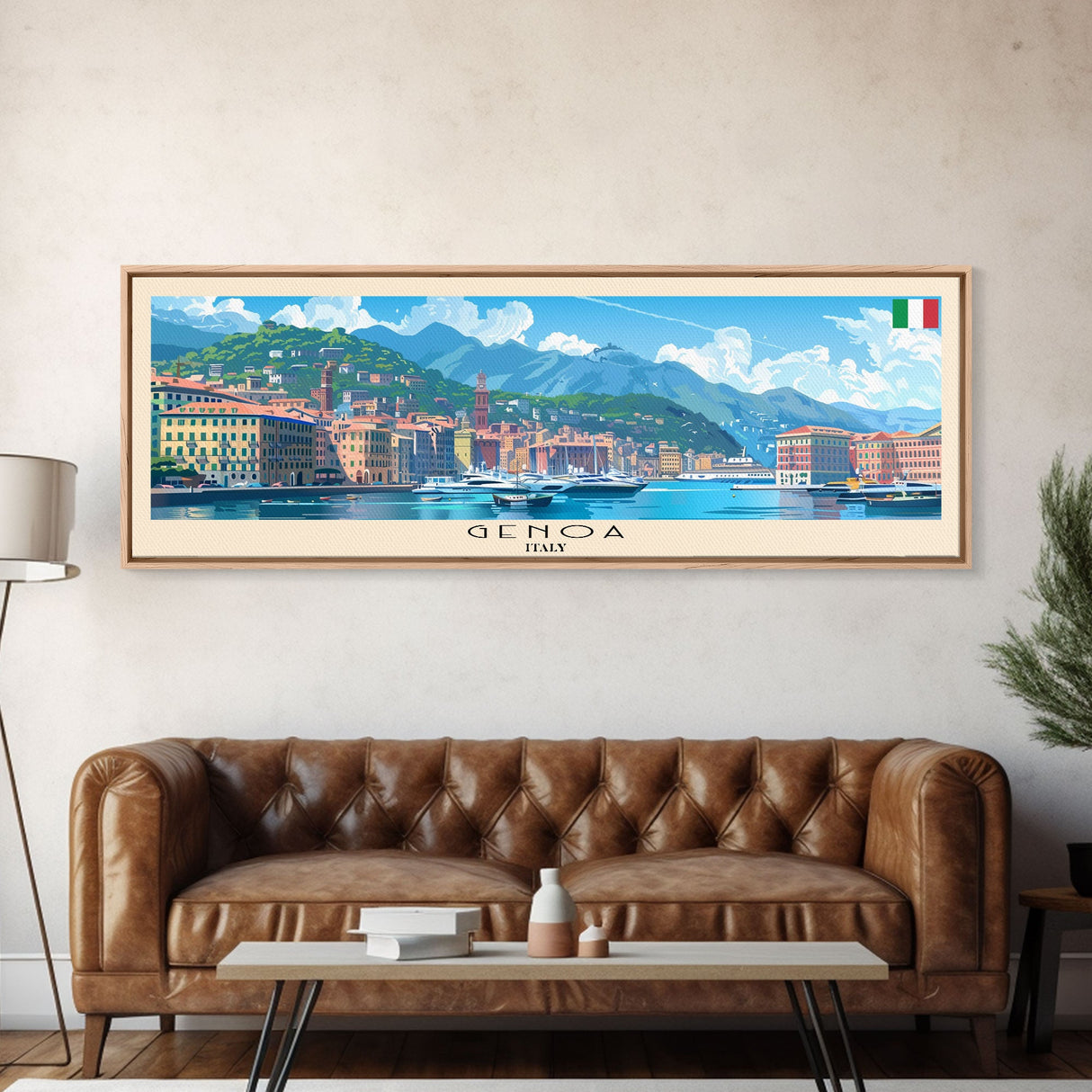 Genoa Italy Travel Art, City Art, Framed Canvas Print or Metal Wall Art, Europe Travel Poster, Panoramic Wall Art, Extra Wide Wall Art