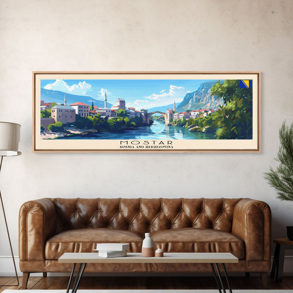 Mostar Bosnia Travel Art, City Art, Framed Canvas Print or Metal Wall Art, Europe Travel Poster, Panoramic Wall Art, Extra Wide Wall Art