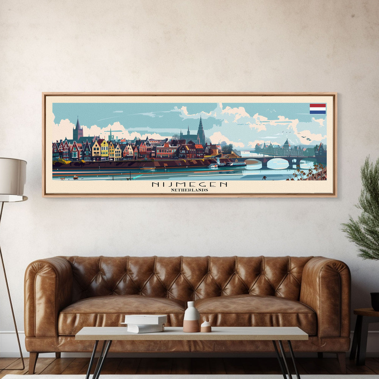 Nijmegen Netherlands Panoramic Travel Poster, Framed Canvas Print or Metal Wall Art, Travel Art, Home Decor, Panoramic Painting, Midcentury Art