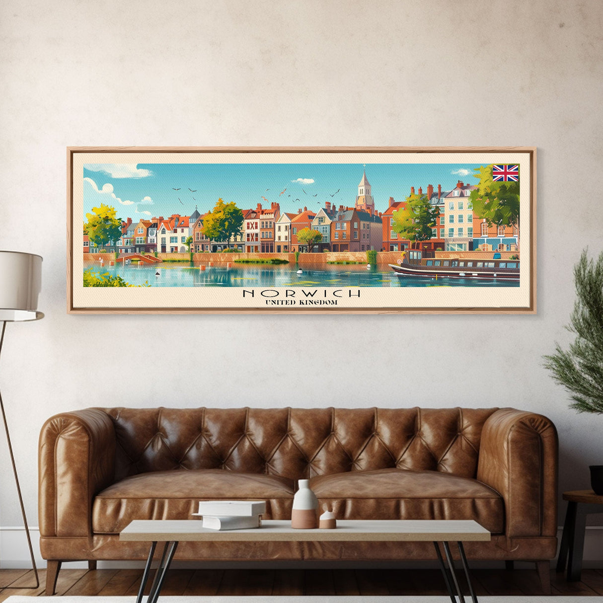 Norwich United Kingdom Panoramic Travel Poster, Framed Canvas Print or Metal Wall Art, Travel Art, Home Decor, Panoramic Painting, Midcentury Art