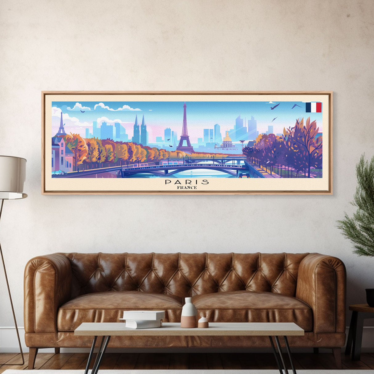 Paris France Panoramic Travel Poster, Framed Canvas Print or Metal Wall Art, Travel Art, Home Decor, Panoramic Painting, Midcentury Art