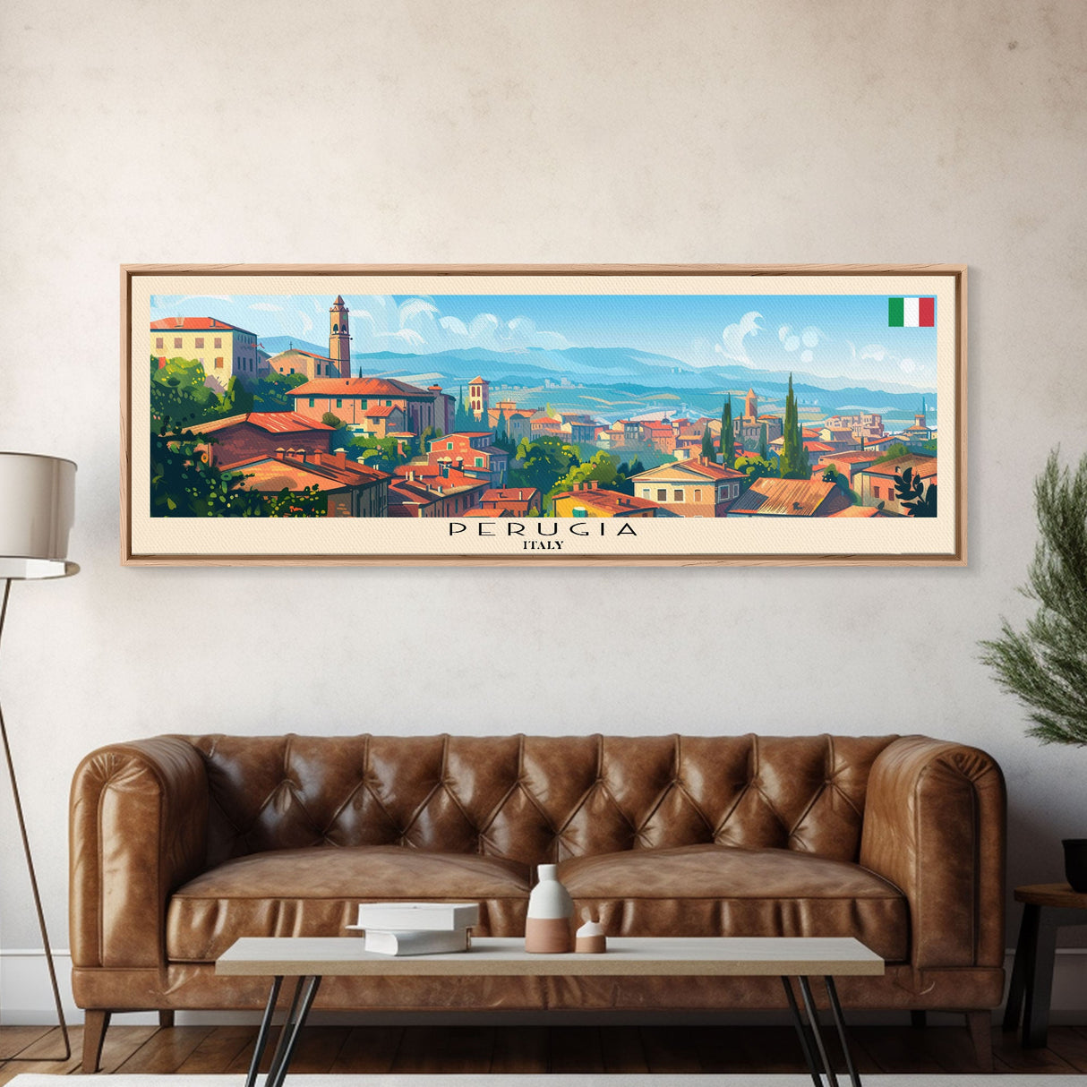 Perugia Italy Panoramic Travel Poster, Framed Canvas Print or Metal Wall Art, Travel Art, Home Decor, Panoramic Painting, Midcentury Art