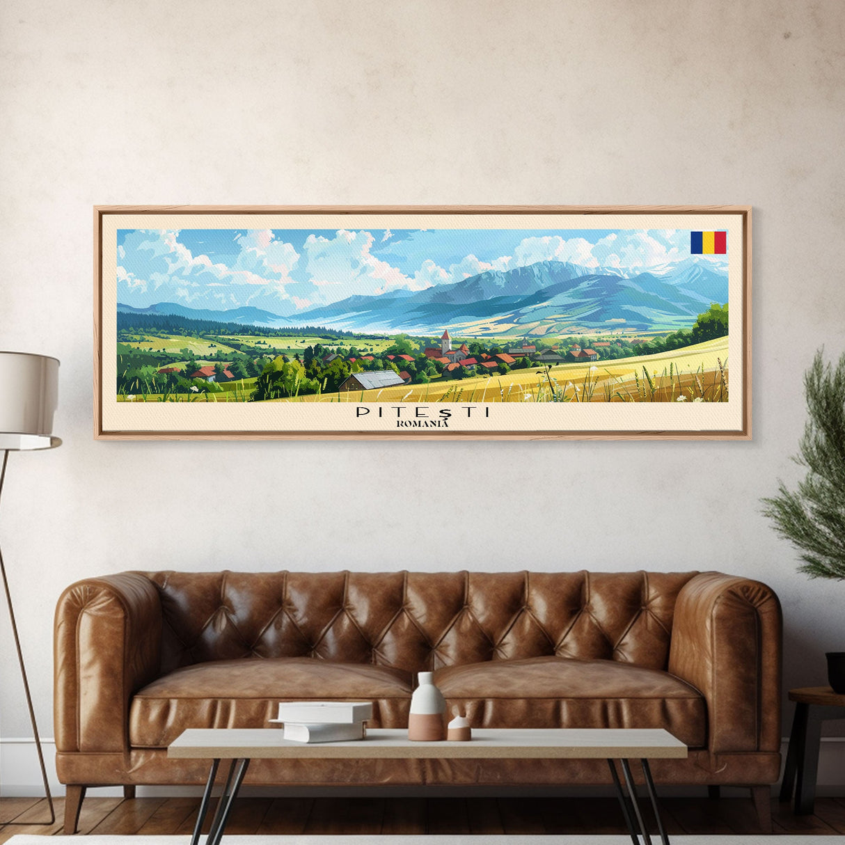 Pitesti Romania Panoramic Travel Poster, Framed Canvas Print or Metal Wall Art, Travel Art, Home Decor, Panoramic Painting, Midcentury Art