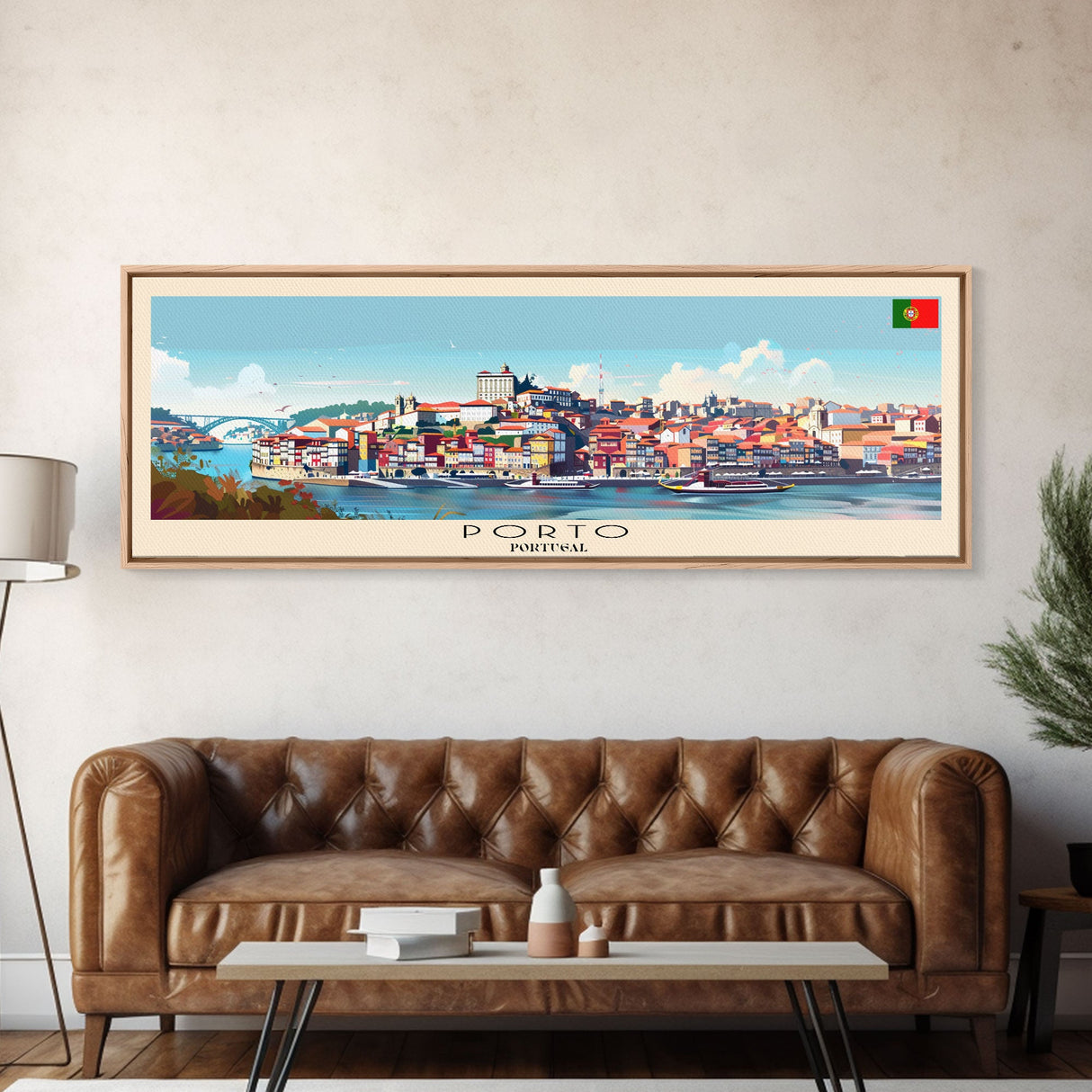 Porto Portugal Panoramic Travel Poster, Framed Canvas Print or Metal Wall Art, Travel Art, Home Decor, Panoramic Painting, Midcentury Art