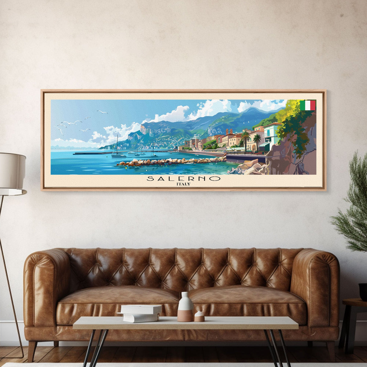 Salerno Italy Travel Art, City Art, Framed Canvas Print or Metal Wall Art, Europe Travel Poster, Panoramic Wall Art, Extra Wide Wall Art