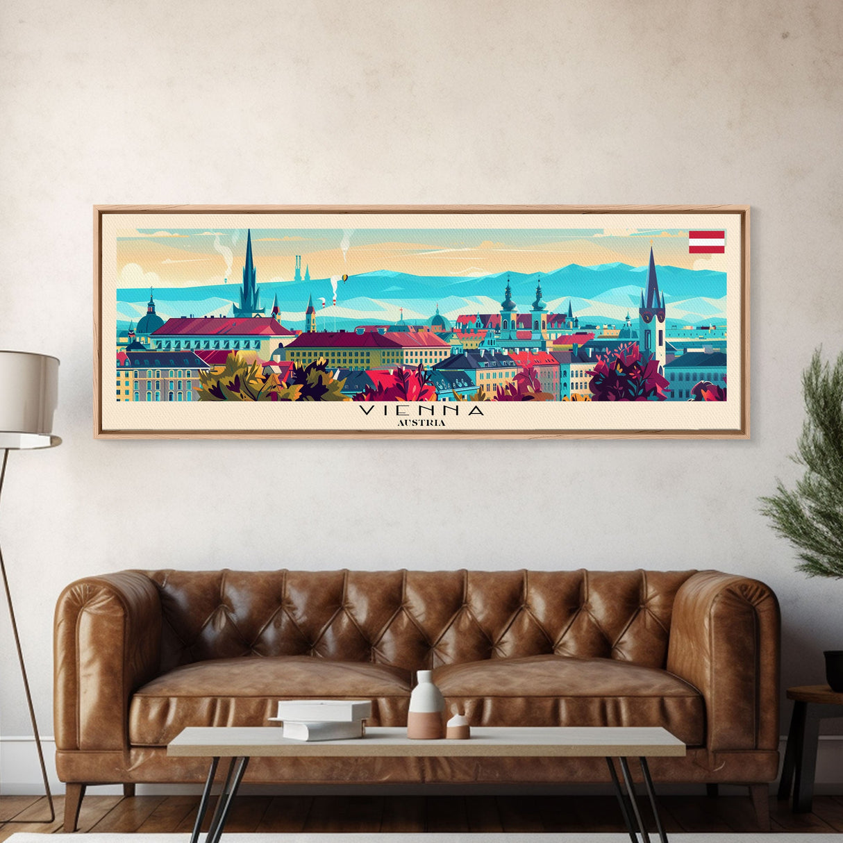 Vienna Austria Panoramic Travel Poster, Framed Canvas Print or Metal Wall Art, Travel Art, Home Decor, Panoramic Painting, Midcentury Art