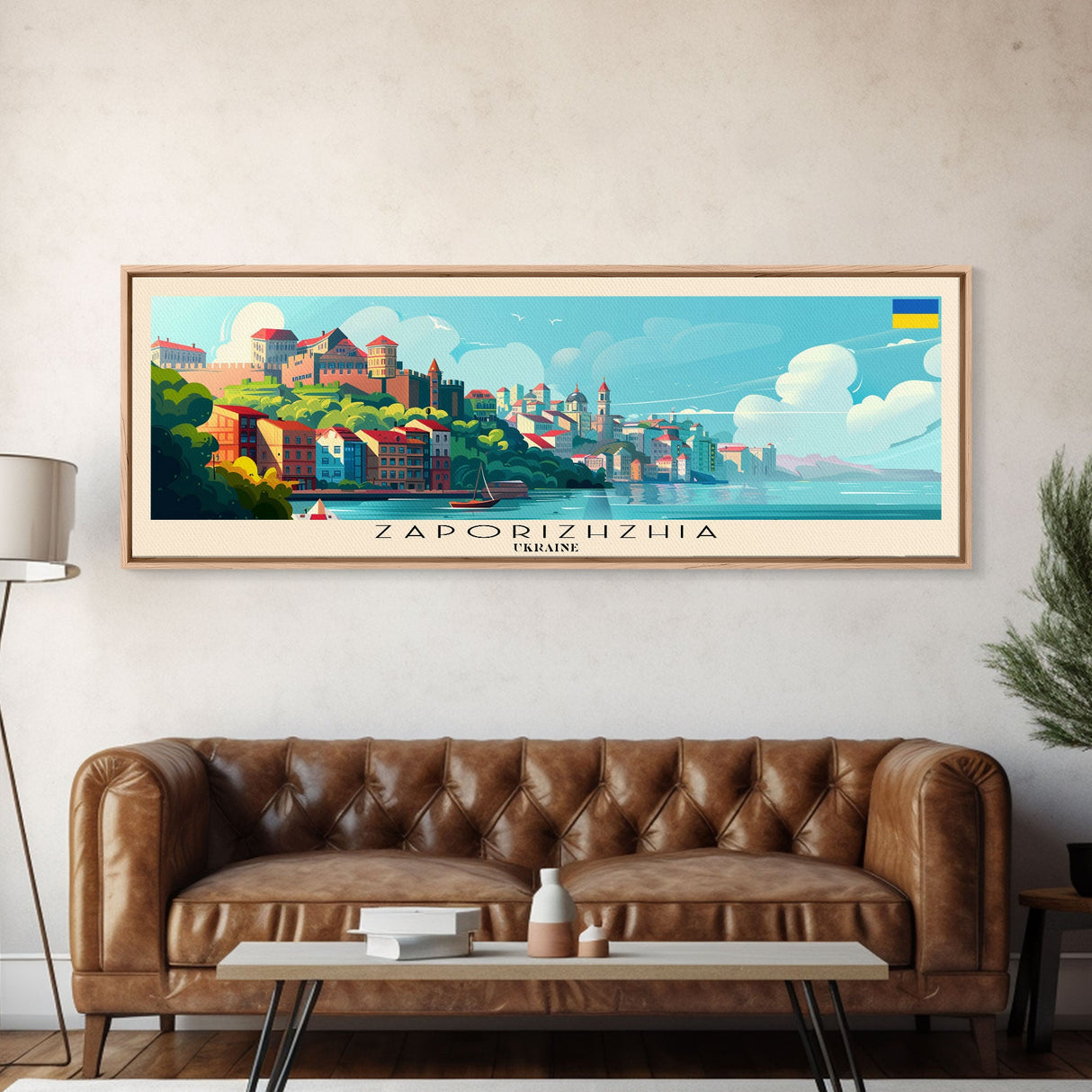 Zaporizhzhia Ukraine Panoramic Travel Poster, Framed Canvas Print or Metal Wall Art, Travel Art, Home Decor, Panoramic Painting, Midcentury Art