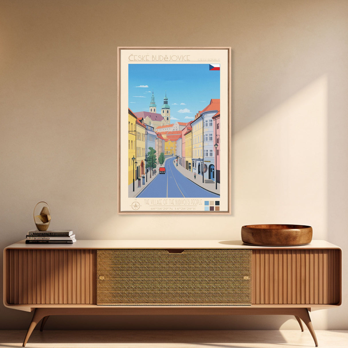 České Budějovice Czech Republic Travel Poster Framed Canvas Print, Midcentury Modern Art, Pop Art Decor, Living Room Wall Art