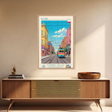 Łódź Poland Travel Poster Framed Canvas Print, Midcentury Modern Art, Pop Art Decor, Living Room Wall Art, Vacation Gift, Home Decoration