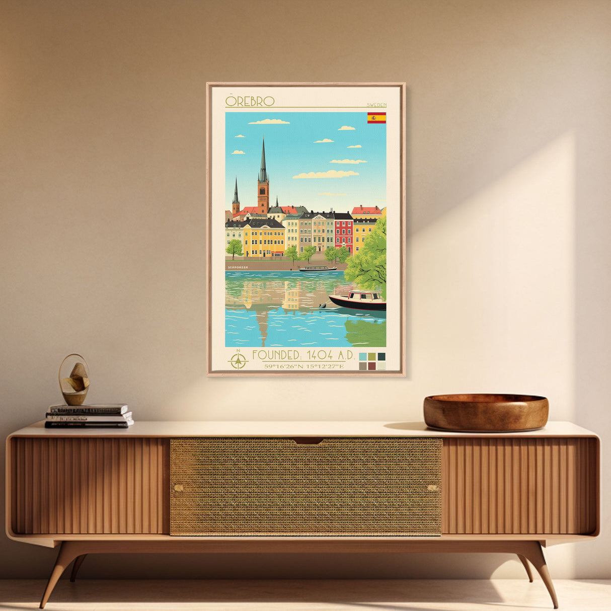 Örebro Sweden Travel Poster Framed Canvas Print, Midcentury Modern Art, Pop Art Wall Decor, Living Room Art, Home Decoration