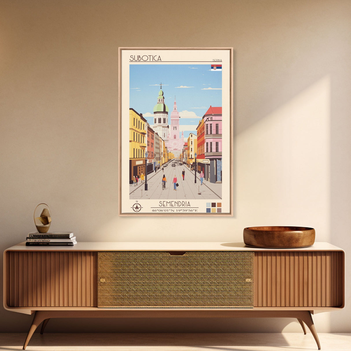 Subotica Serbia Travel Poster Framed Canvas Print, Midcentury Modern Art, Pop Art Wall Decor, Living Room Art, Home Decoration