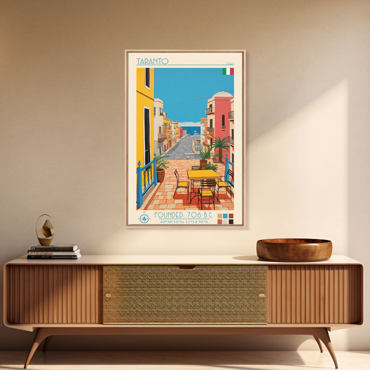 Taranto Italy Travel Poster Framed Canvas Print, Midcentury Modern Art, Pop Art Wall Decor, Living Room Art, Home Decoration