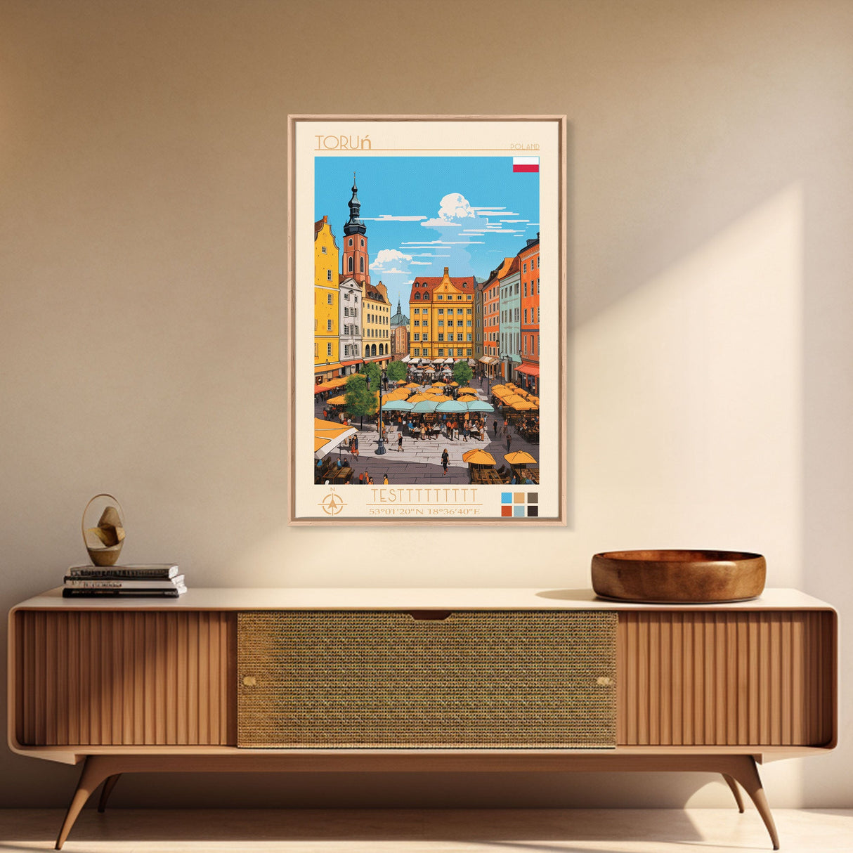 Toruń Poland Travel Poster Framed Canvas Print, Midcentury Modern Art, Pop Art Wall Decor, Living Room Art, Vacation Gift