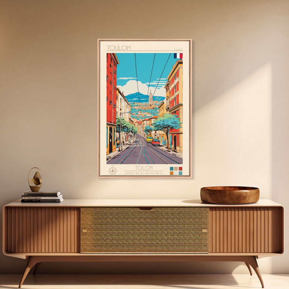 Toulon France Travel Poster Framed Canvas Print, Midcentury Modern Art, Pop Art Wall Decor, Living Room Art, Home Decoration