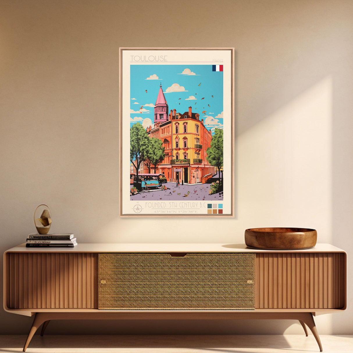 Toulouse France Travel Poster Framed Canvas Print, Midcentury Modern Art, Pop Art Wall Decor, Living Room Art, Scenic Wall Art