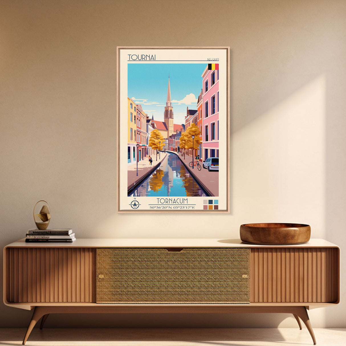 Tournai Belgium Travel Poster Framed Canvas Print, Midcentury Modern Art, Pop Art Wall Decor, Living Room Art, Scenic Wall Art