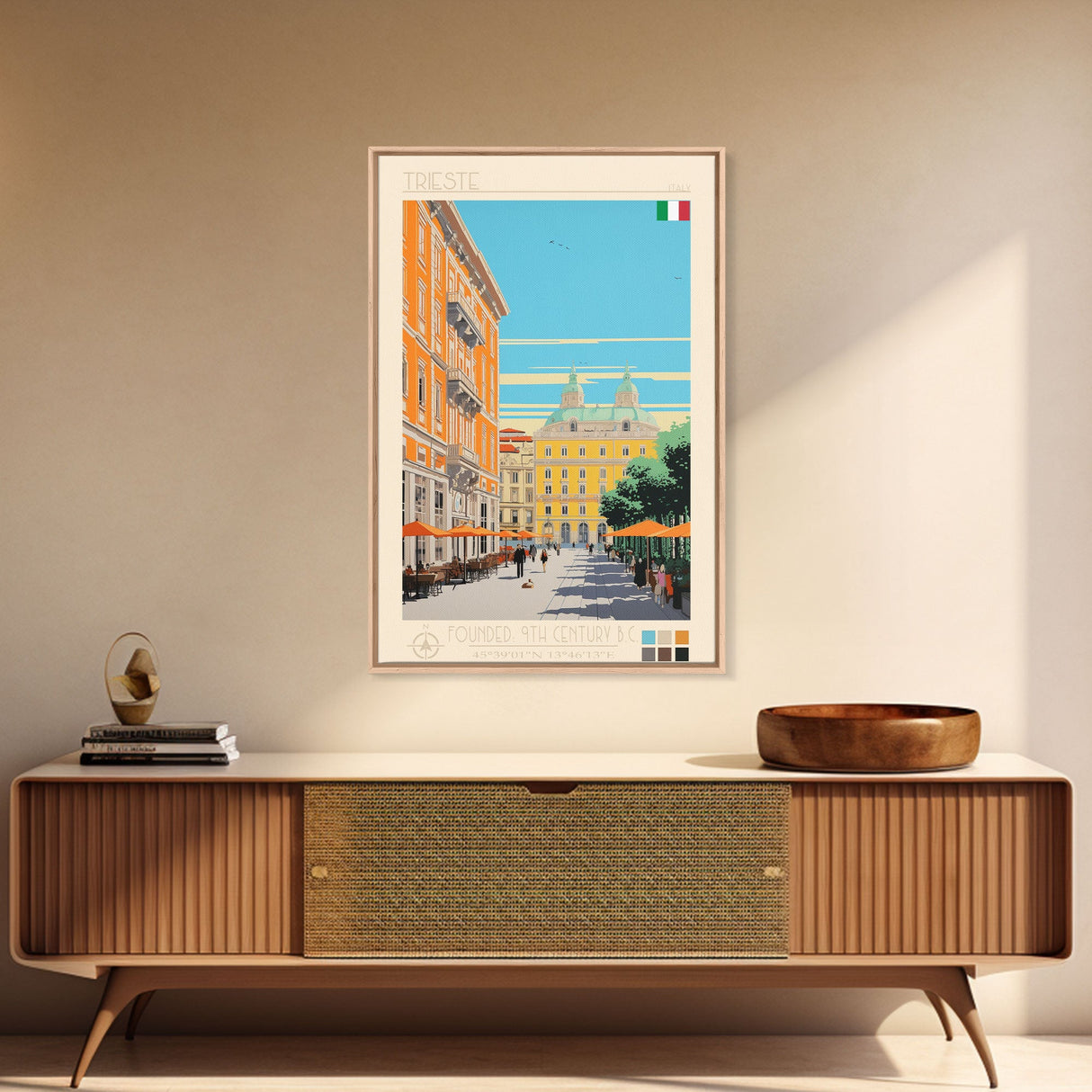 Trieste Italy Travel Poster Framed Canvas Print, Midcentury Modern Art, Pop Art Wall Decor, Living Room Art, Home Decoration