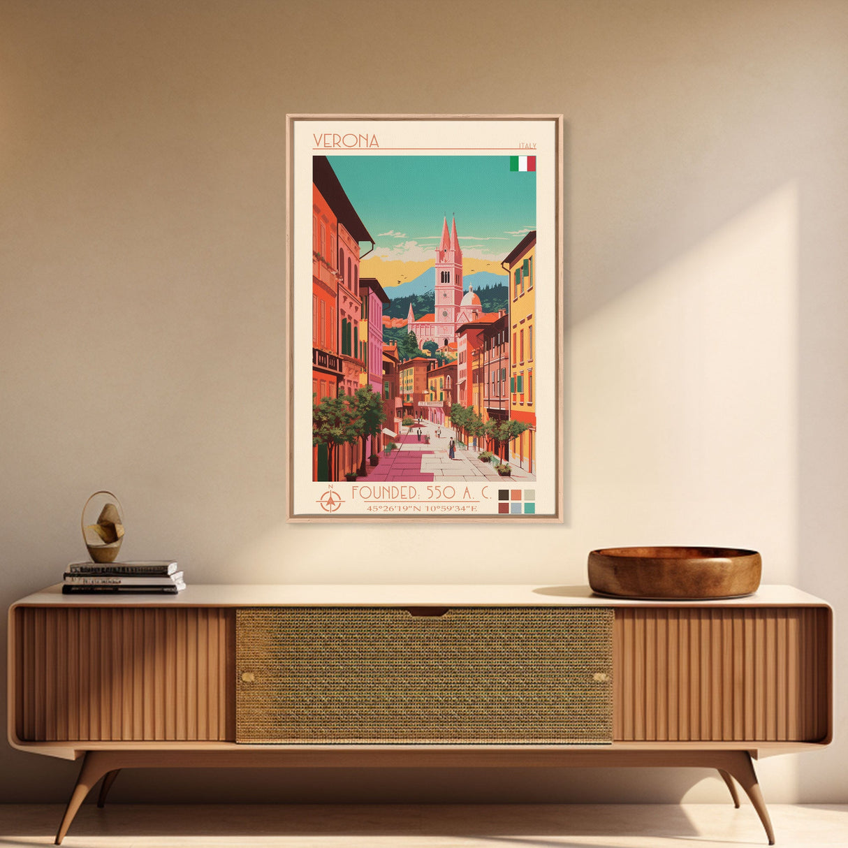 Verona Italy Travel Poster Framed Canvas Print, Midcentury Modern Art, Pop Art Wall Decor, Living Room Art, Home Decoration