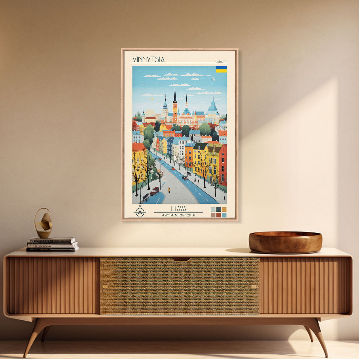 Vinnytsia Ukraine Travel Poster Framed Canvas Print, Midcentury Modern Art, Pop Art Wall Decor, Living Room Art, Scenic Wall Art