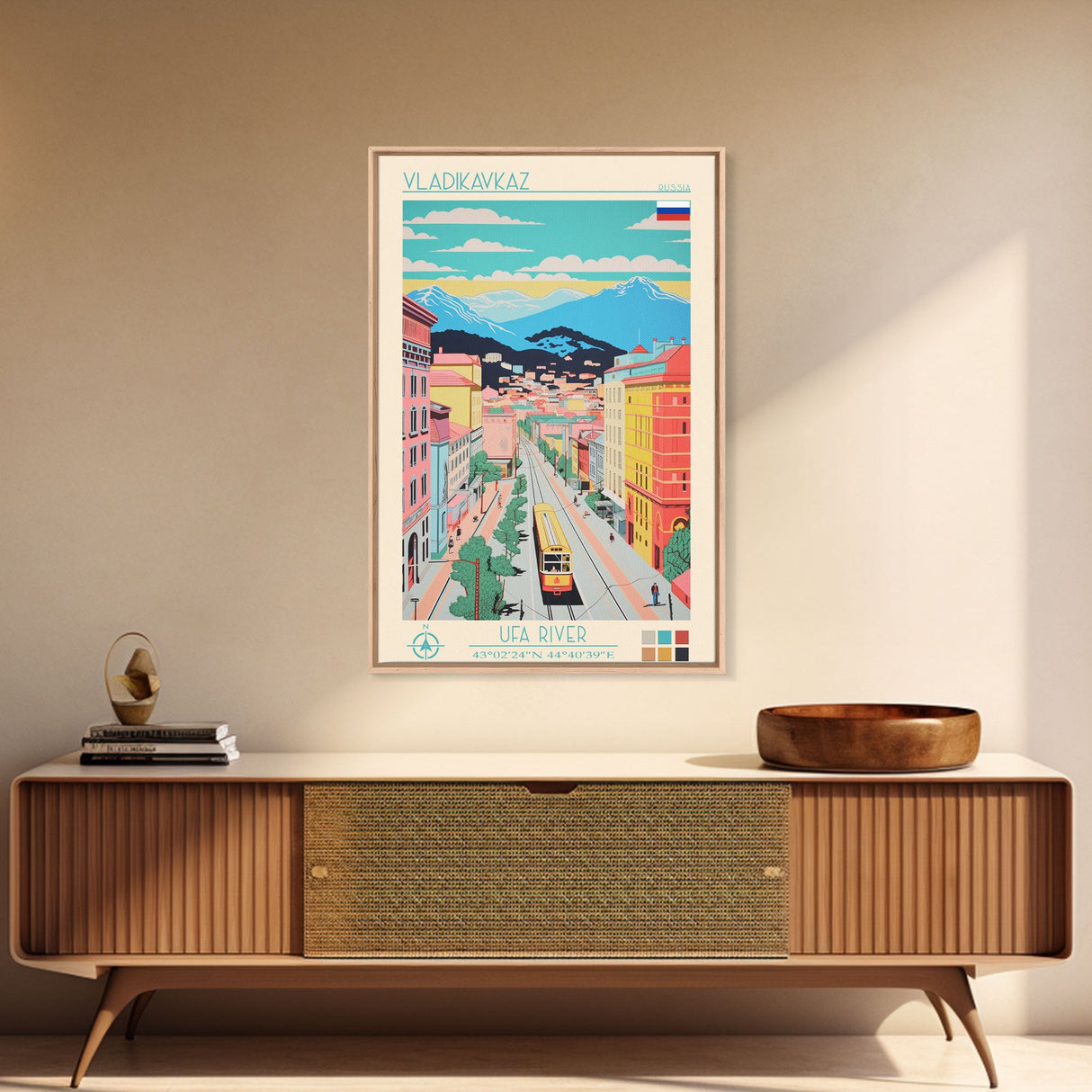 Vladikavkaz Russia Travel Poster Framed Canvas Print, Midcentury Modern Art, Pop Art Wall Decor, Living Room Art, Home Decoration