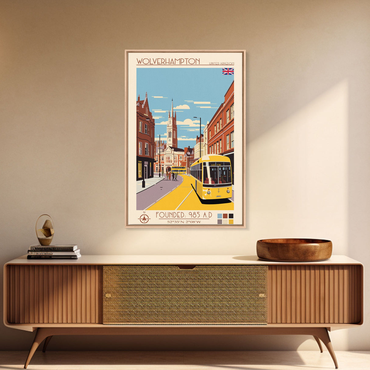 Wolverhampton United Kingdom Travel Poster Framed Canvas Print, Midcentury Modern Art, Pop Art Wall Decor, Living Room Art, Vacation Gift